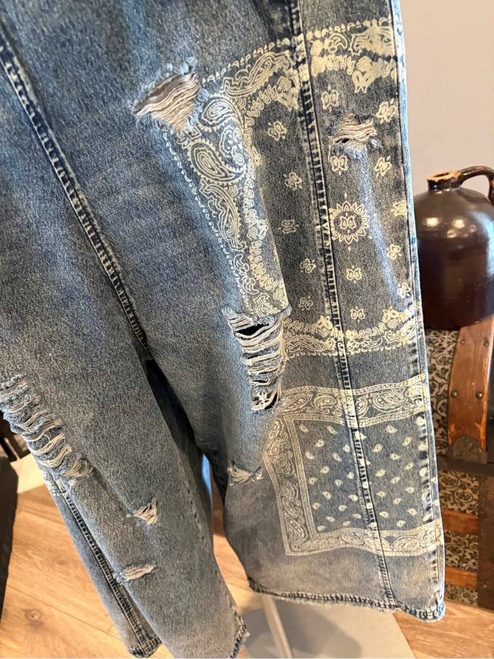 Easel Denim Bandana Patch Wide-Leg Overalls - Blue - Picture 5 of 14